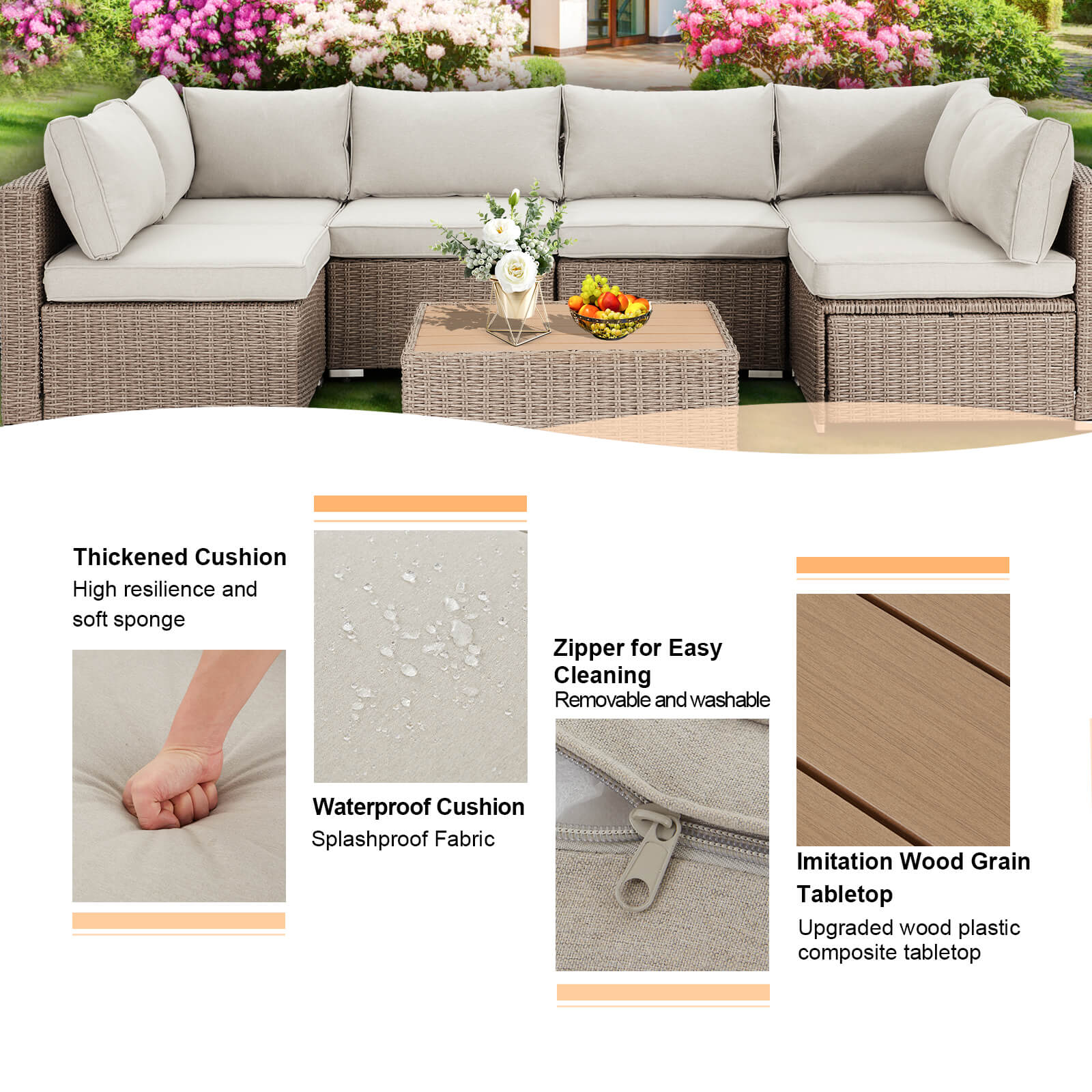 Homrest 7 pieces patio conversation set with thickened cushion, waterproof cushion, zipper for easy cleaning and imitation wood grain tabletop