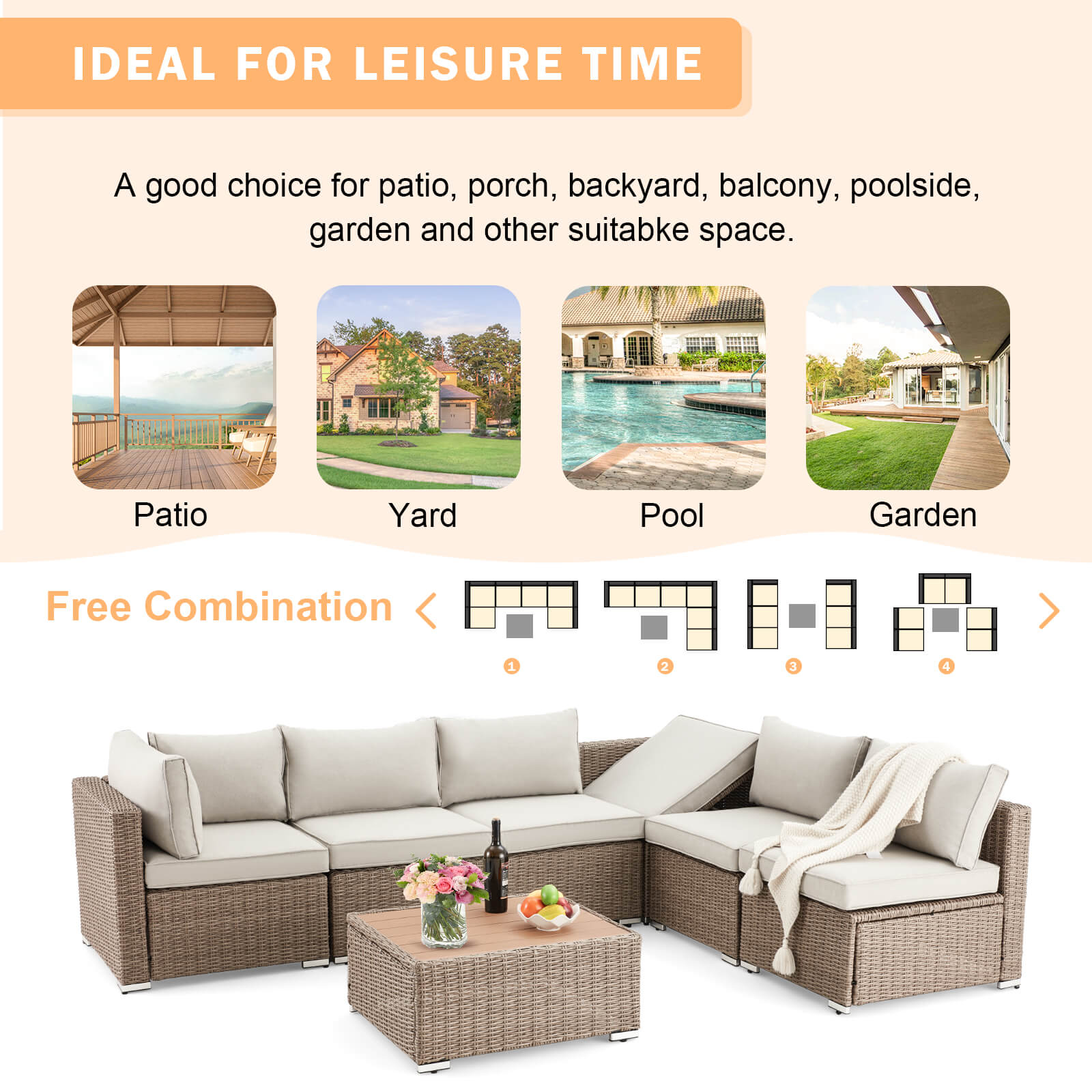Homrest 7 pieces outdoor sectional sofa set is a good choice for patio, porch, backyard, balcony, poolside and garden