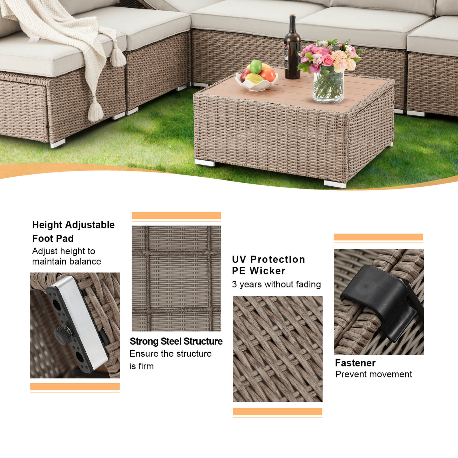 Homrest 7 pieces patio conversation set with height adjustable foot pad, strong steel structure, uv protection pe wicker and fastener.