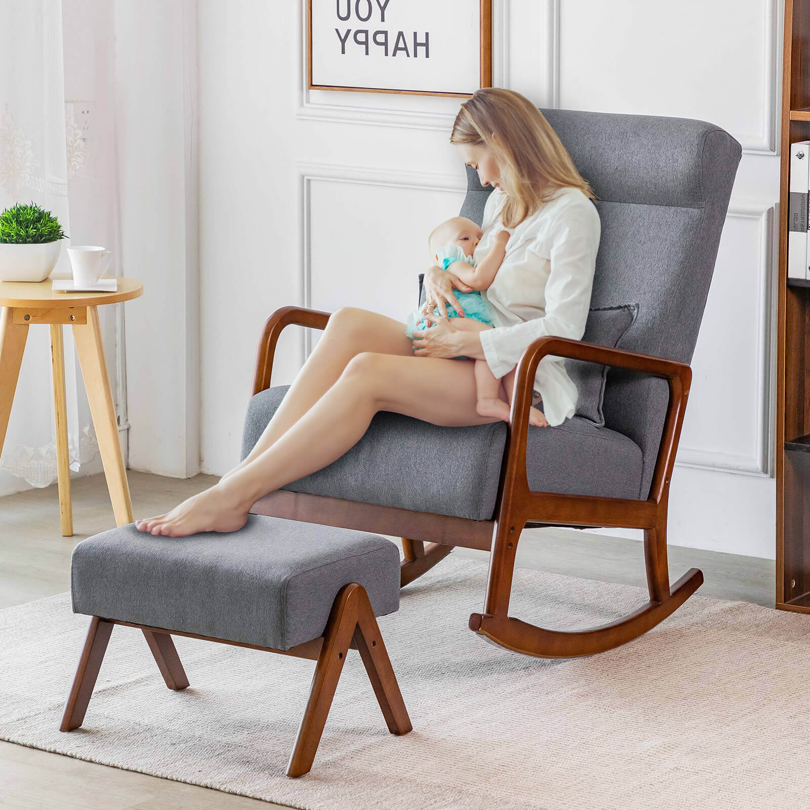 HOMREST Set of 2 Fabric Rocking Chair Ottoman Set, Mid-Century Upholstered Rocking Chair with Pillow, Glider Rocker Chair for Living Room (Grey)