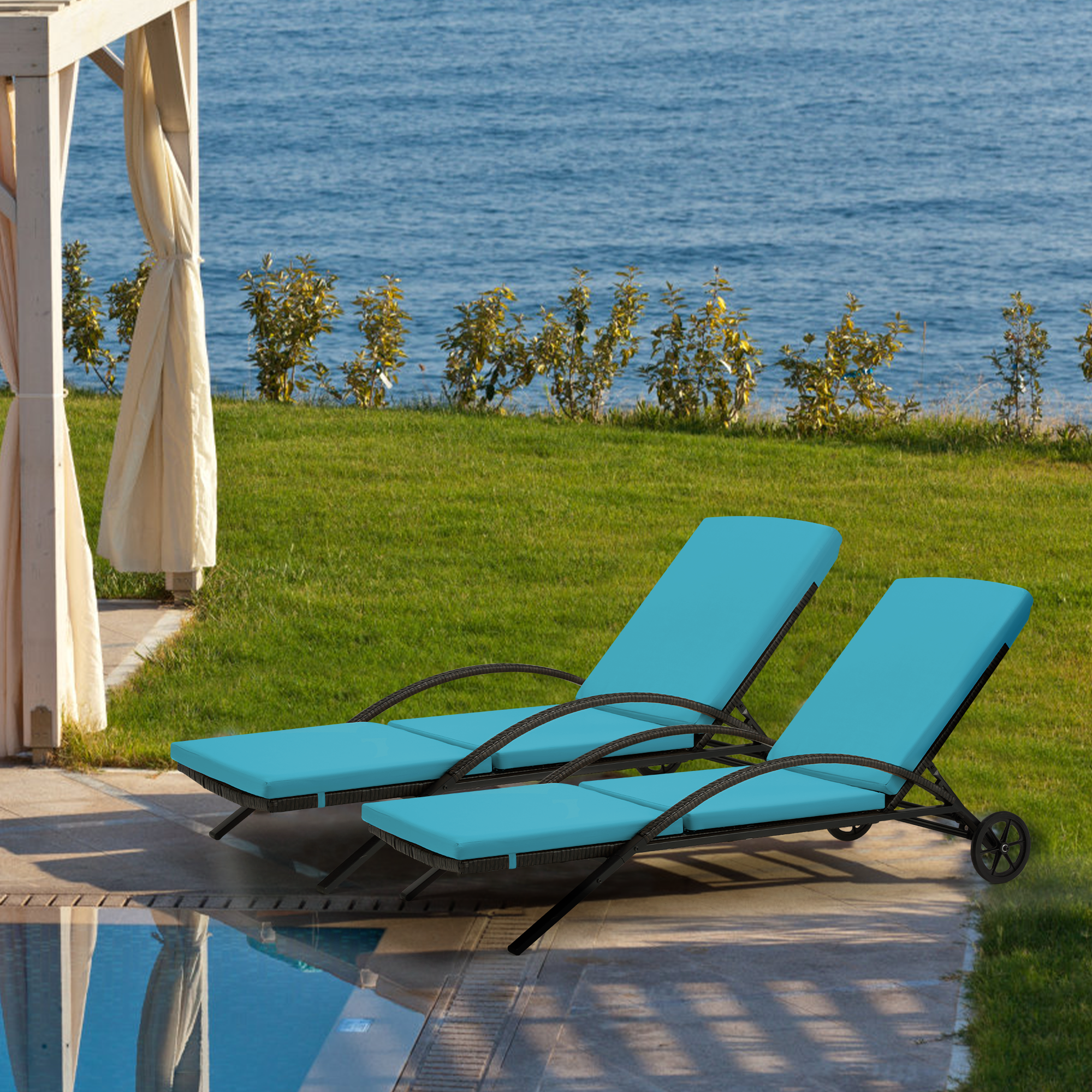 HOMREST Outdoor Chaise Lounge Chair Clearance Set of 2, PE Rattan Wicker Pool Lounge Chair with Wheels for Poolside (Blue)