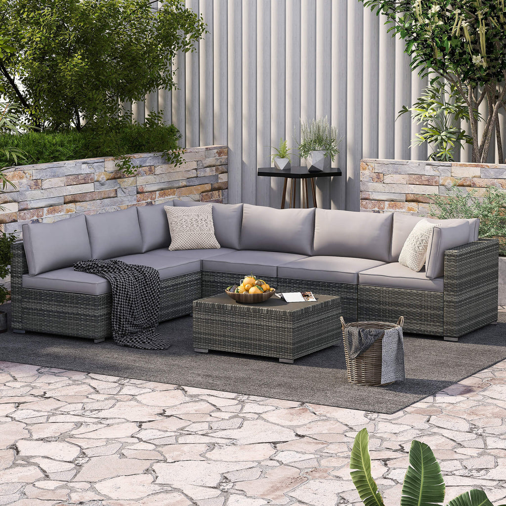 7 Pcs Outdoor Rattan Sectional Sofa w/ Adjustable Bracket, All Weather Patio Furniture Set w/ Grey Cushion & Coffee Table