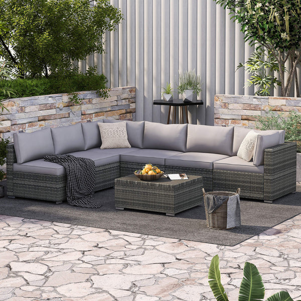 7 Pcs Outdoor Rattan Sectional Sofa w/ Adjustable Bracket, Grey Cushion & Coffee Table