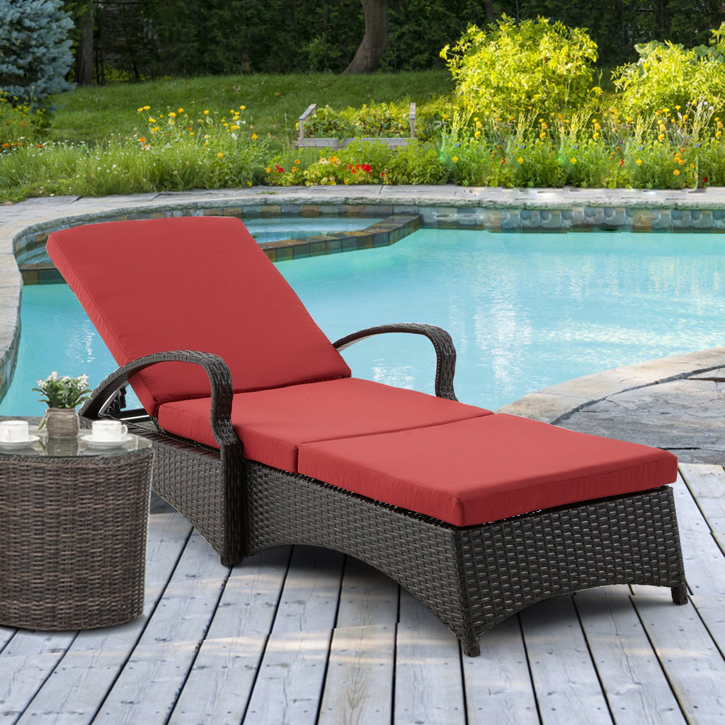 Outdoor Lounge Chaise Chairs Black Rattan Lounger with Red Cushion & Armchairs