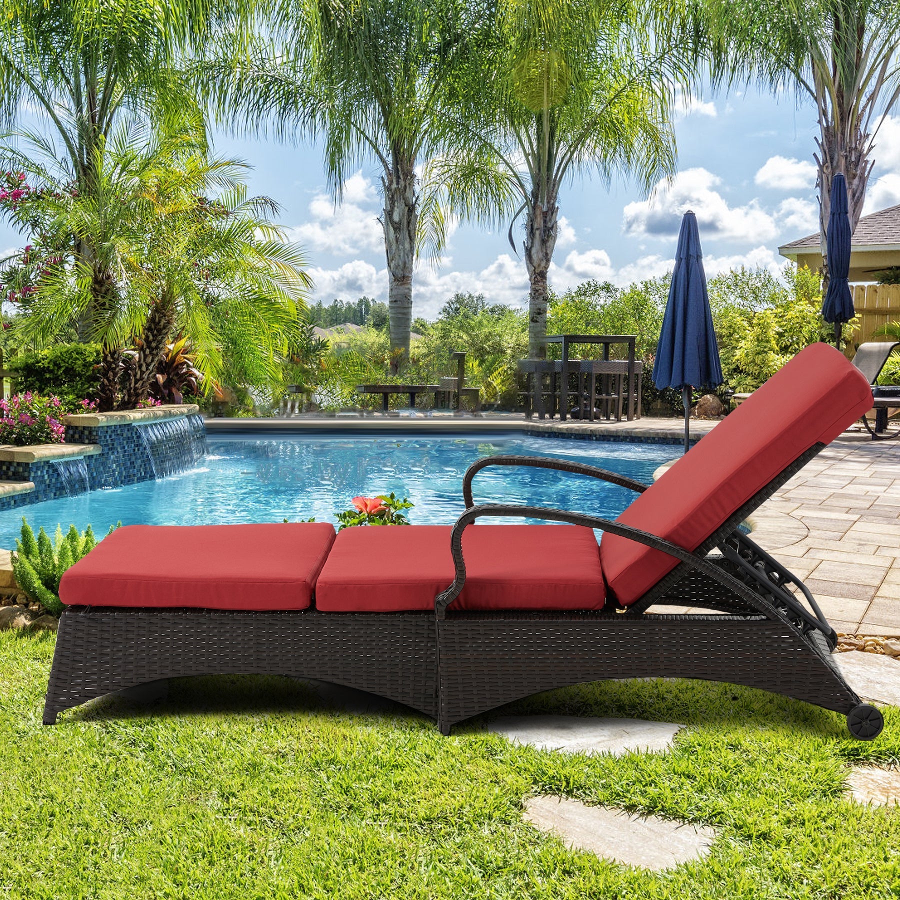 Homrest rattan lounger for poolside, wine red