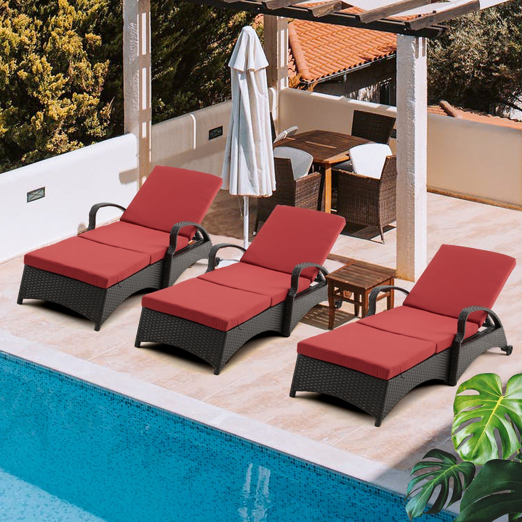 Homrest outdoor lounge chair for poolside, wine red