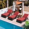 Outdoor Lounge Chaise Chairs Black Rattan Lounger with Red Cushion & Armchairs