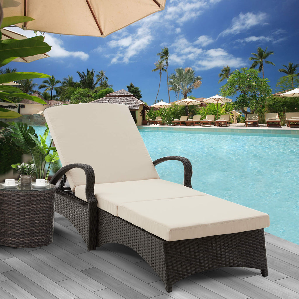 Outdoor Lounge Chaise Chairs Black Rattan Lounger with Beige Cushion & Arms