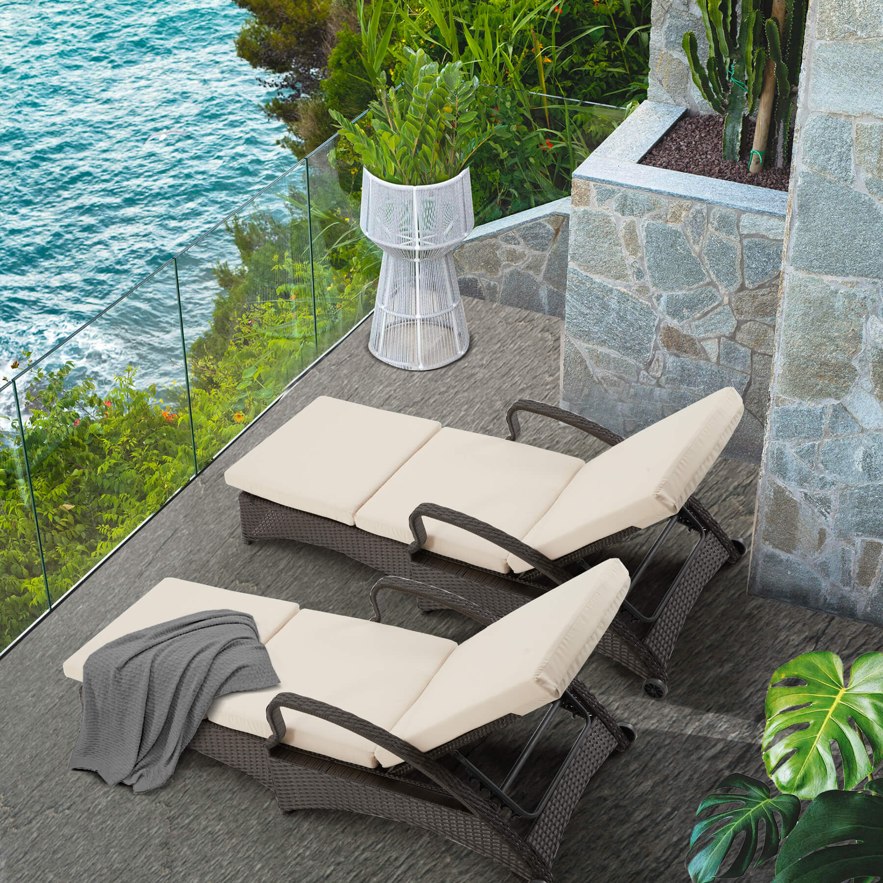  Homrest outdoor lounge chaiise with black rattan and beige cushions for poolside