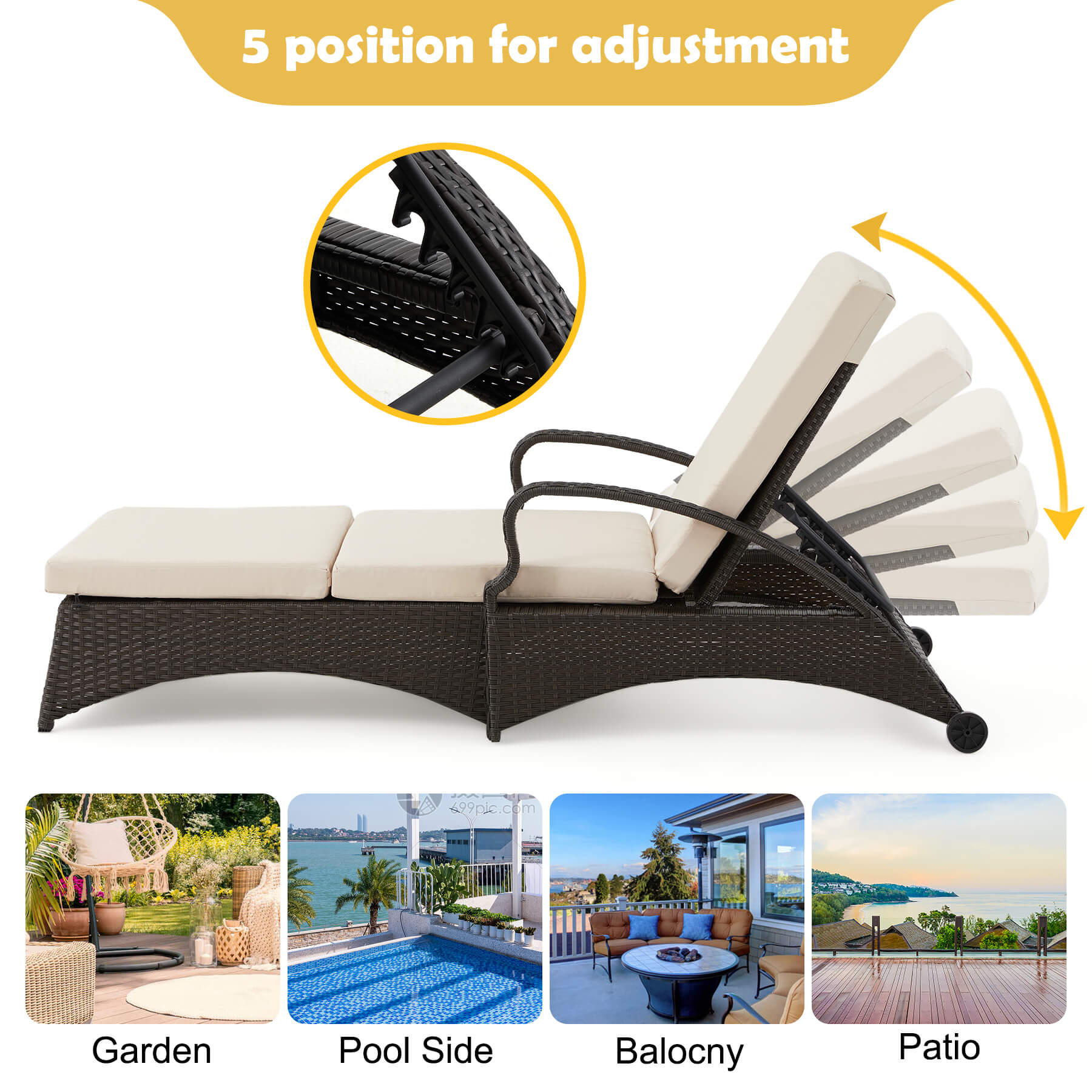  Homrest outdoor lounge chaiise with black rattan and beige cushions for poolside