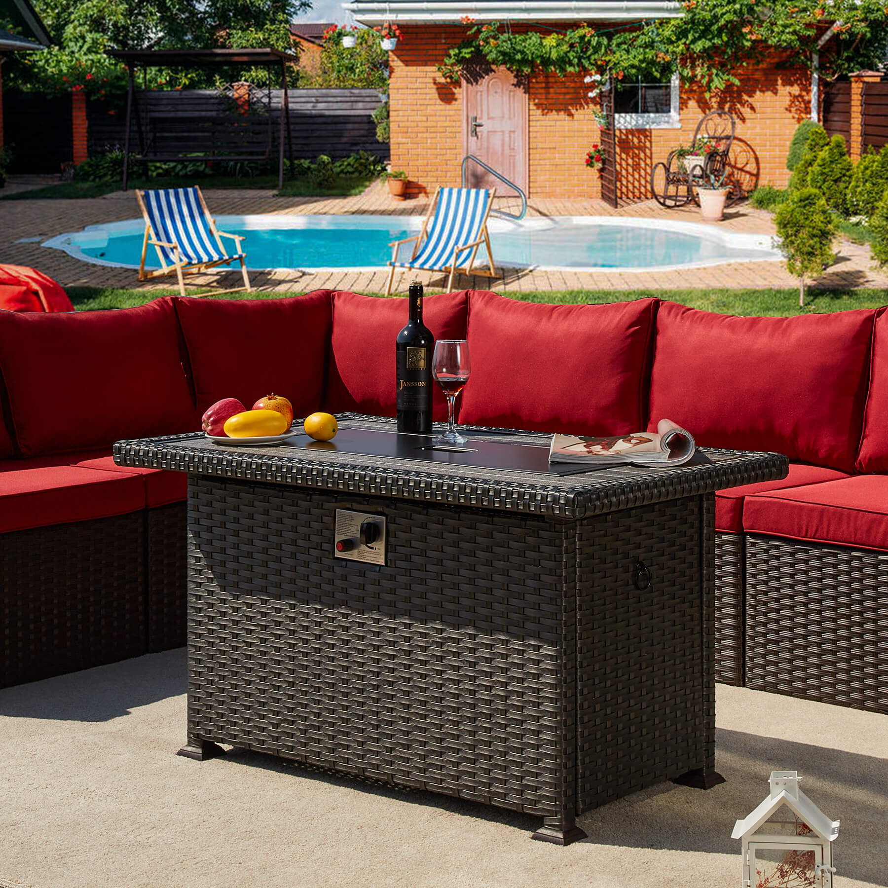 Homrest 44'' propane fire pit table with wind guard, black