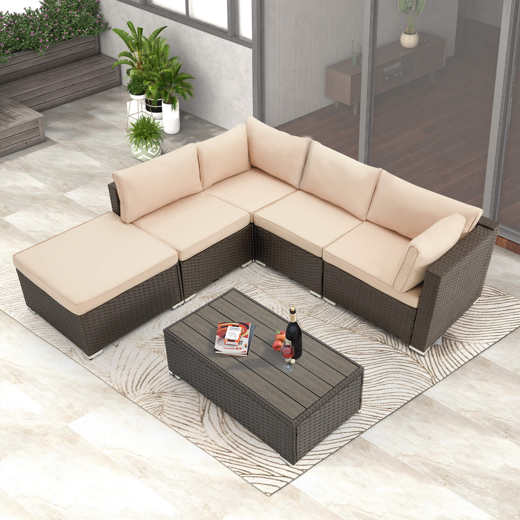 Homrest 6 Pcs Outdoor Sectional Sofa Set Clearance Patio Rattan Furniture with Coffee Table, All Weather Wicker Conversation Set(Khaki)