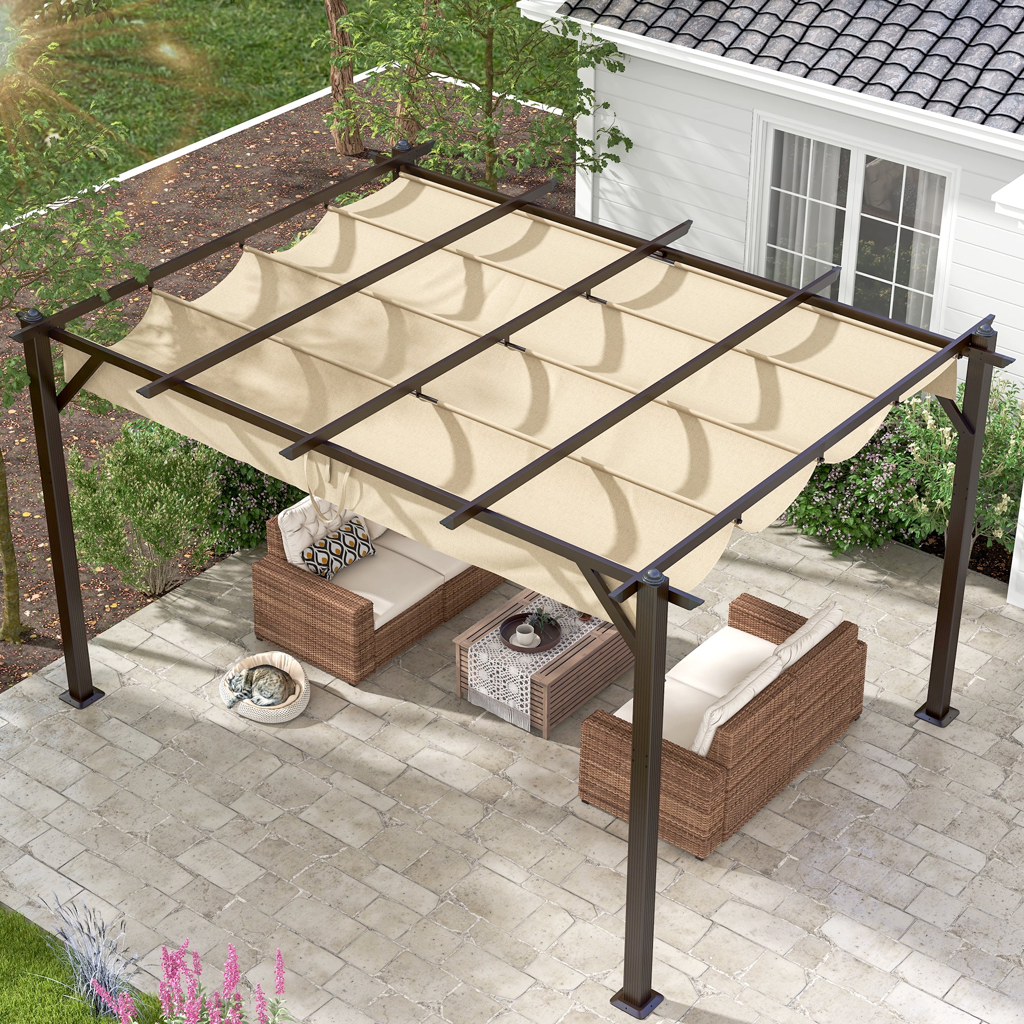 Homrest 13' X 10' Retractable Pergola, Patio Gazebo Grape Trellis with Removable Sun Shade Canopy（Khaki）