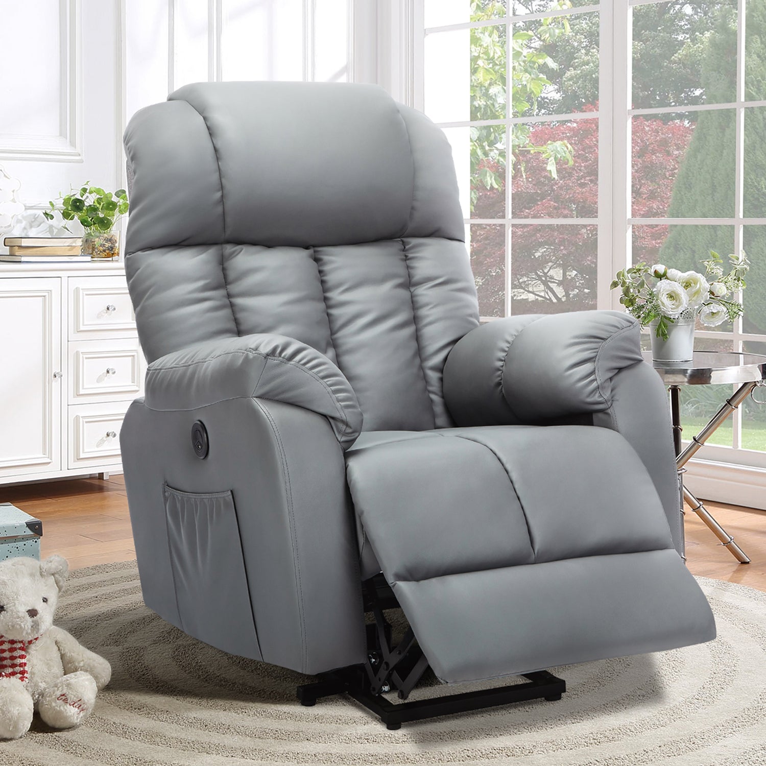Homrest Electric Power Recliner Lift Chair Faux Leather Electric Recliner for Elderly with Side Pockets, USB Charge Port, Grey