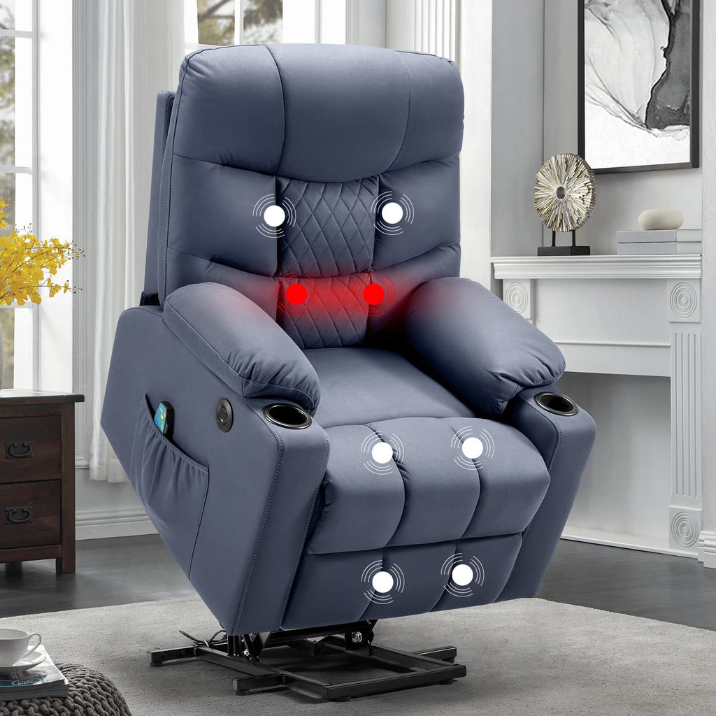 Homrest Electric Power Lift Recliner Chair Sofa with Massage and Heat, Recliner Sofa with 3 Positions Cup Holders, USB Ports(Blue)
