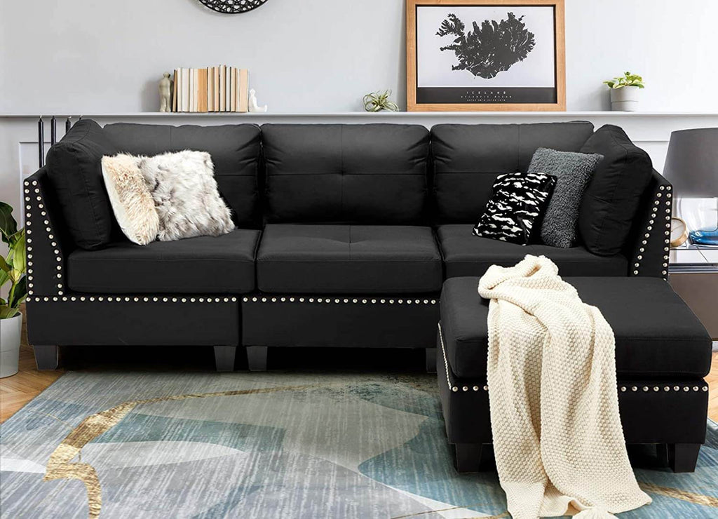 Modern Tufted Linen L-Shaped Convertible Sectional Sofa Couch with Ottoman, Black