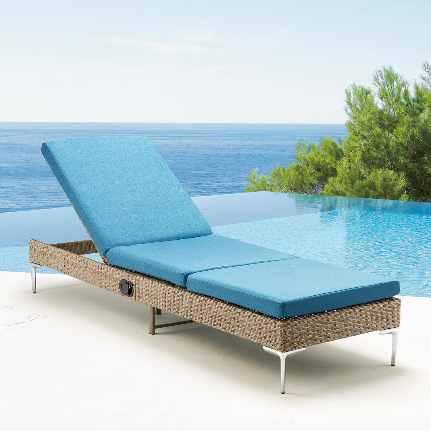 Homrest Patio Rattan Chaise Lounge Chair Outdoor Wicker Recliner Thickened Cushion Stepless Adjustable with Gas Cylinder (Blue)