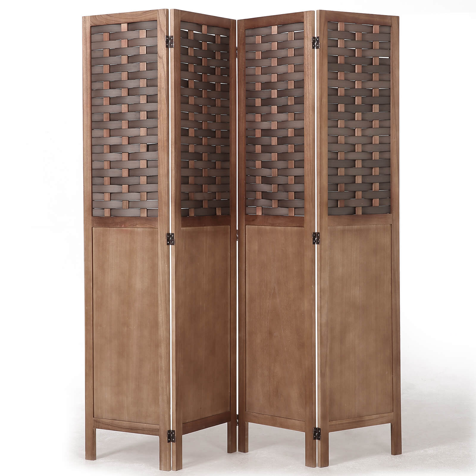 Homrest 4 Panels Wood Room Divider 5.6ft Folding Privacy Screens with Hand-Woven Wicker Rattan, Brown