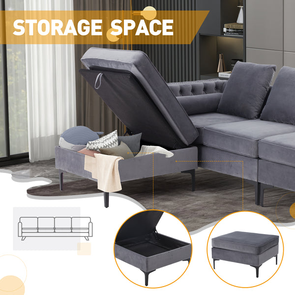 Gray Sectional Sleeper Sofa Set with Storage Ottoman.