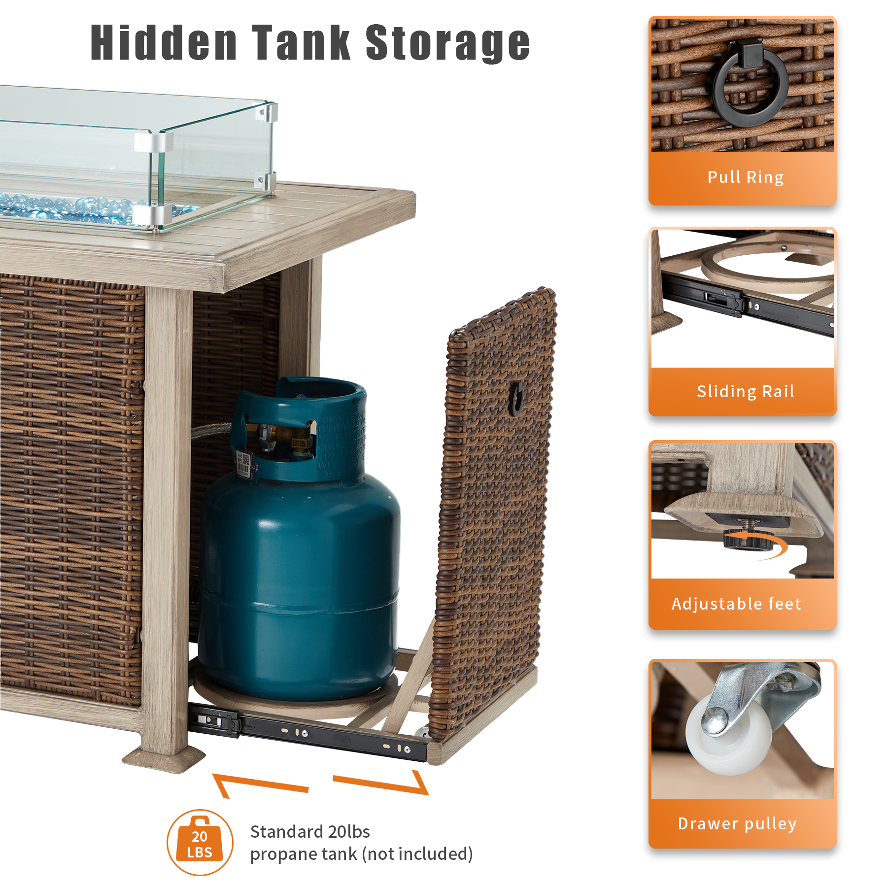 Hidden tank storage with pull ring, sliding rail, adjustable feet and drawe pulley. | Homrest furniture