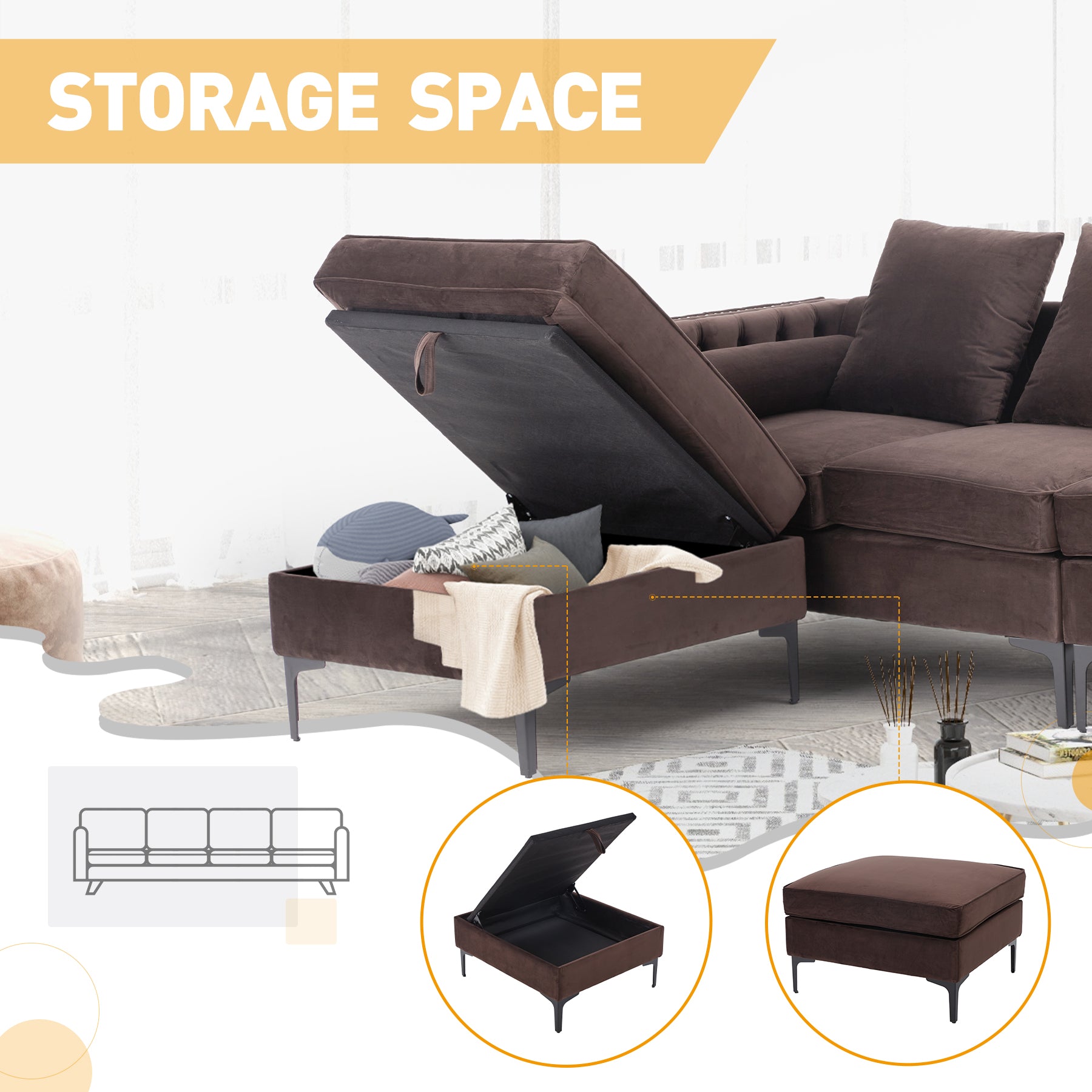 4-Seat Sectional Sleeper Sofa Set with Storage Ottoman for Living Room, Brown