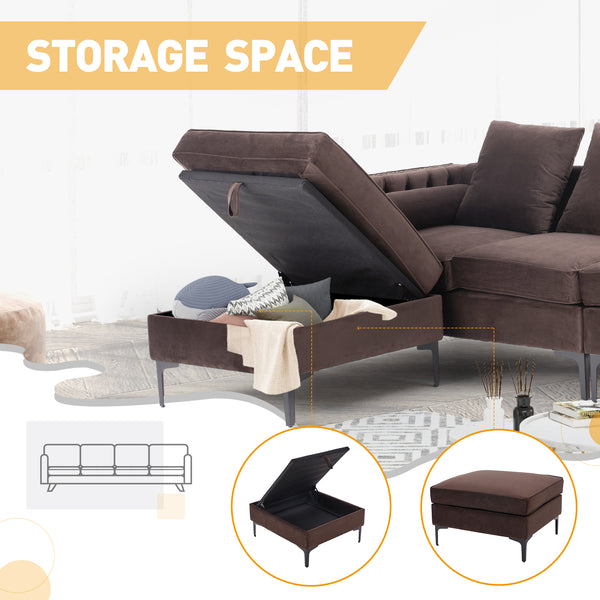 HOMREST 4-Seat Sectional Sleeper Sofa Set with Storage Ottoman, L-Shaped Dutch Velvet Couch Bed for Living Room Brown
