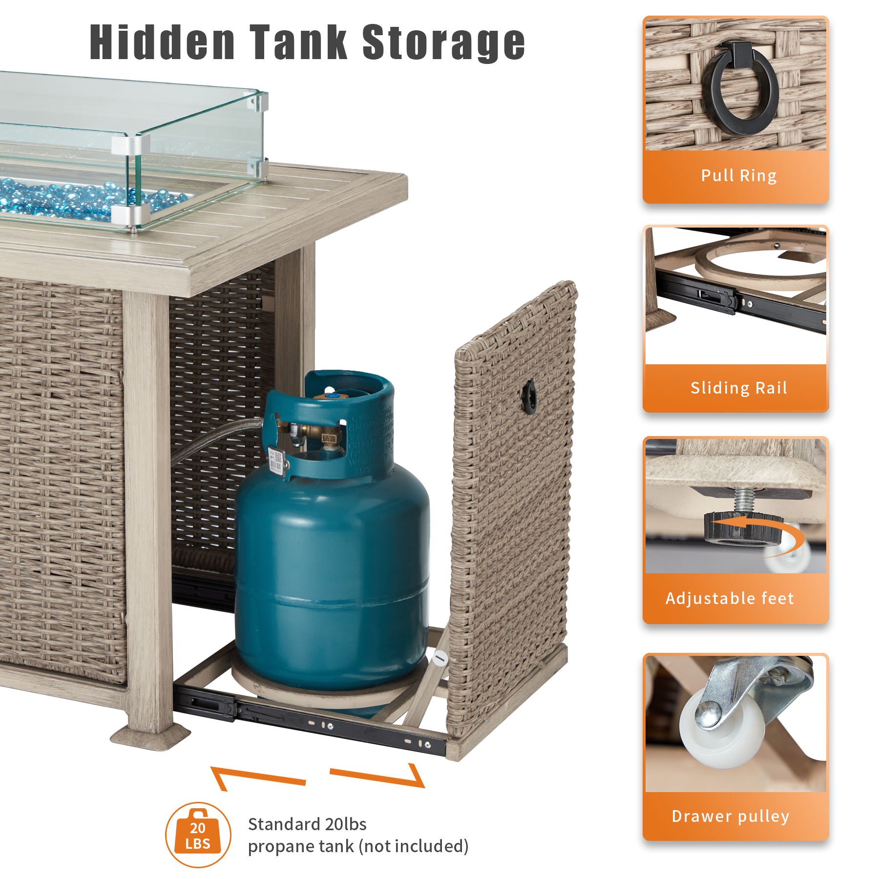 Hidden tank storage with pull ring. sliding rail, adjustable feet and drawer pulley. | Homrest furniture