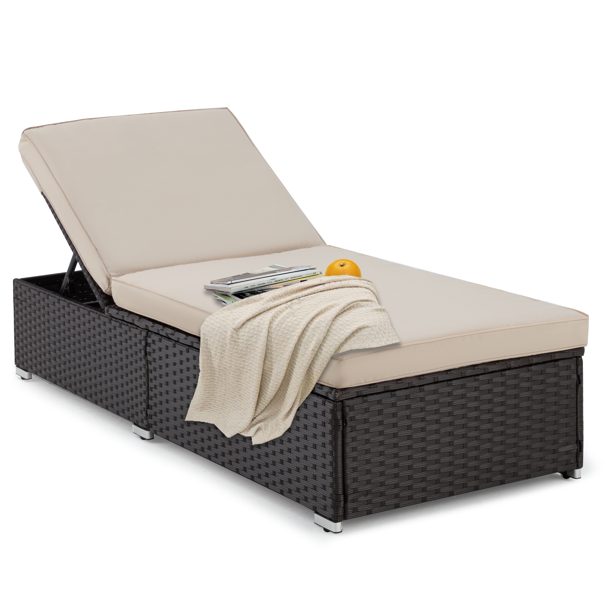 HOMREST Patio Lounge Chair Set of 2, Brown Rattan Reclining Chair Furniture Set with Khaki Cushion
