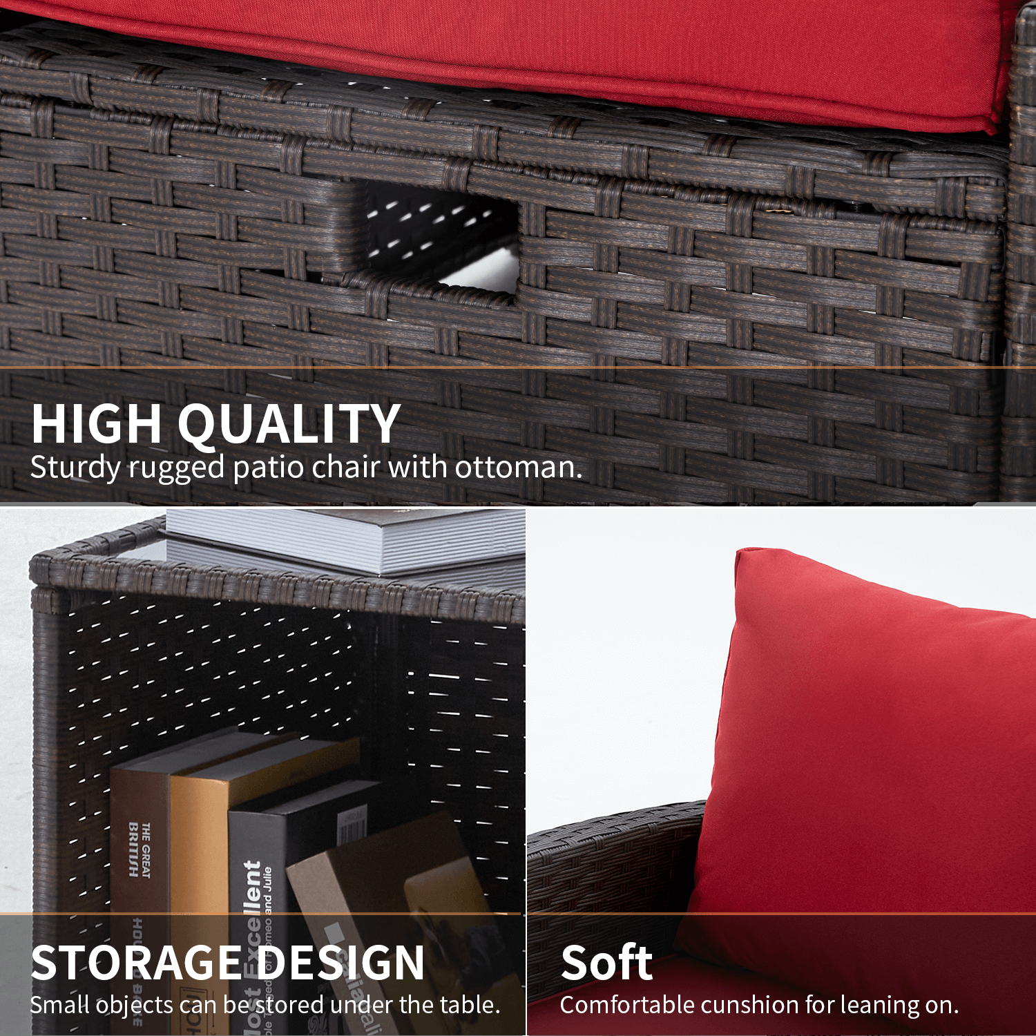 5 Pcs outdoor furniture set with ottoman and coffee table for porch, garden and balcony, wine red | Homrest furniture
