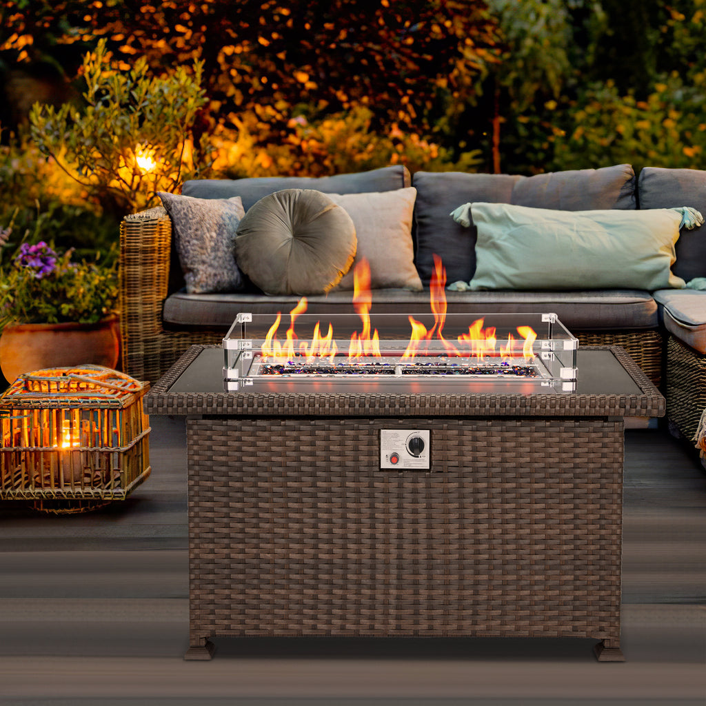 44" Propane Fire Pit Table with Windguard and Aluminium Tabletop,Brown