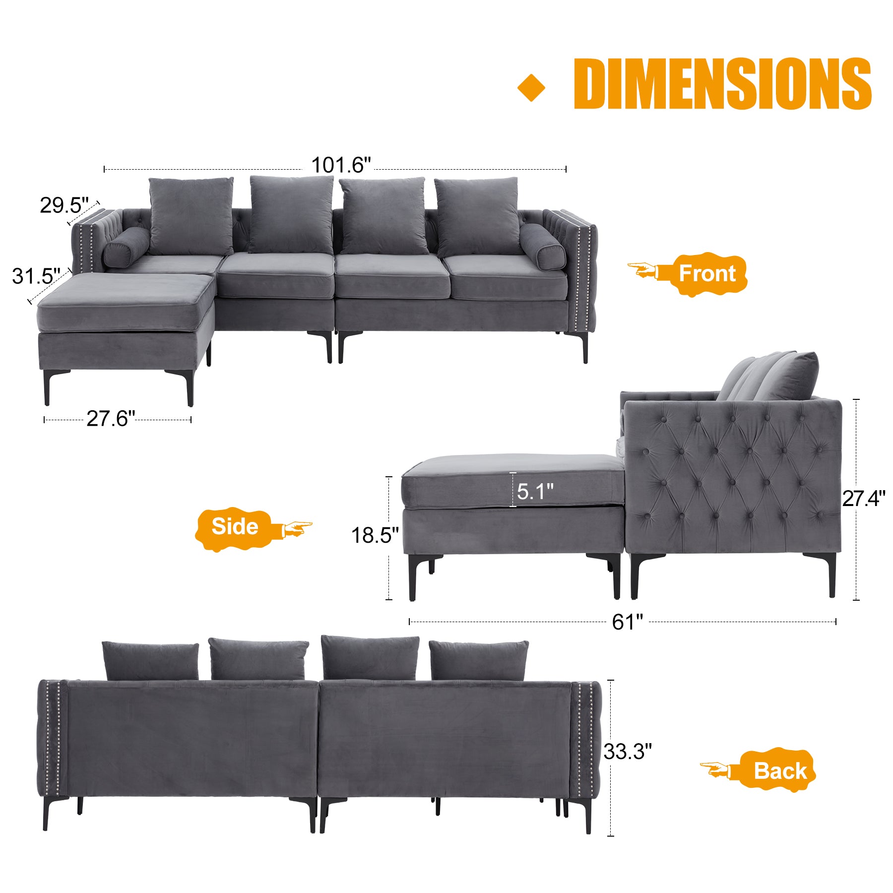4-Seat Sectional Sleeper Sofa Set with Storage Ottoman for Living Room, Grey | Homrest Furniture