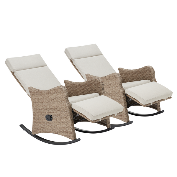 Outdoor Recliner Chairs Set of 2, Rattan Wicker Rocking Chair for Patio Home Yard Garden, Beige