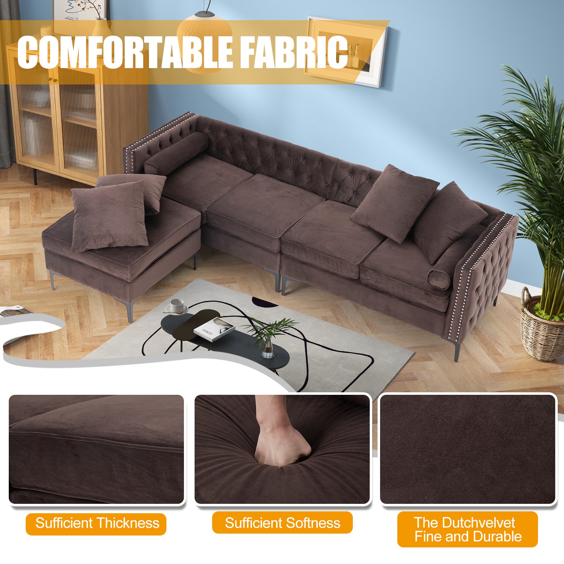 4-Seat Sectional Sleeper Sofa Set with Storage Ottoman for Living Room, Brown | Homrest Furniture