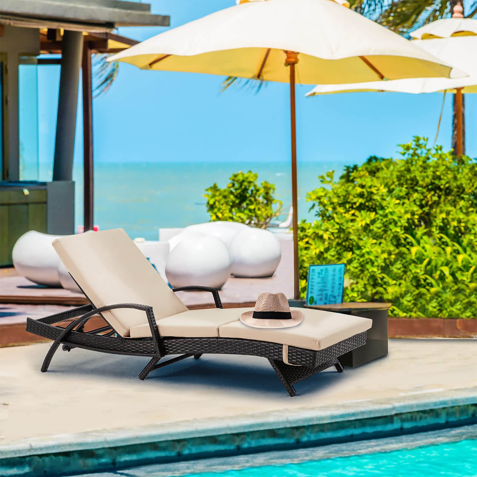 HOMREST Patio Lounge Chair for Outside, Chaise Lounge with Adjustable Backrest & Thickened Cushion, Khaki
