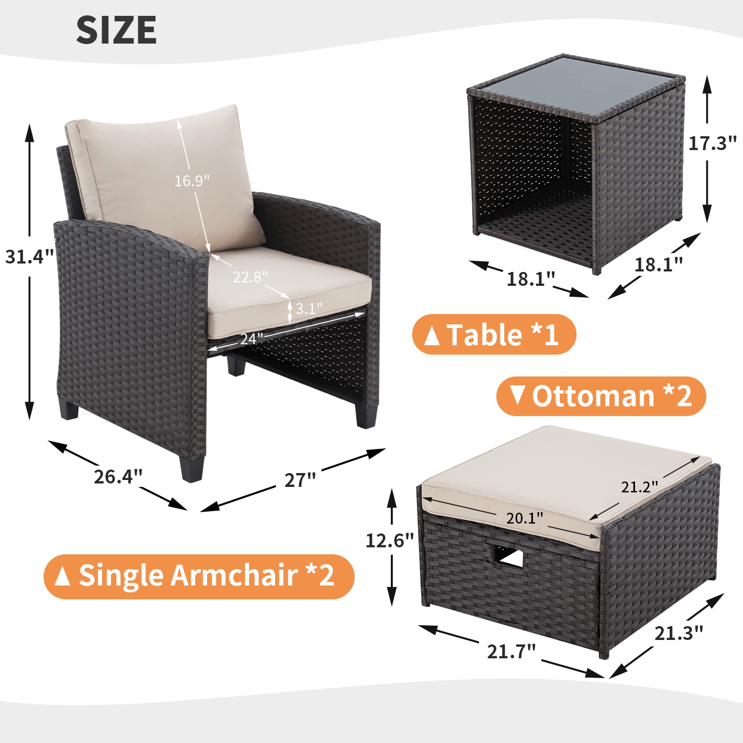 5 Pcs outdoor furniture set with ottoman and coffee table, khaki