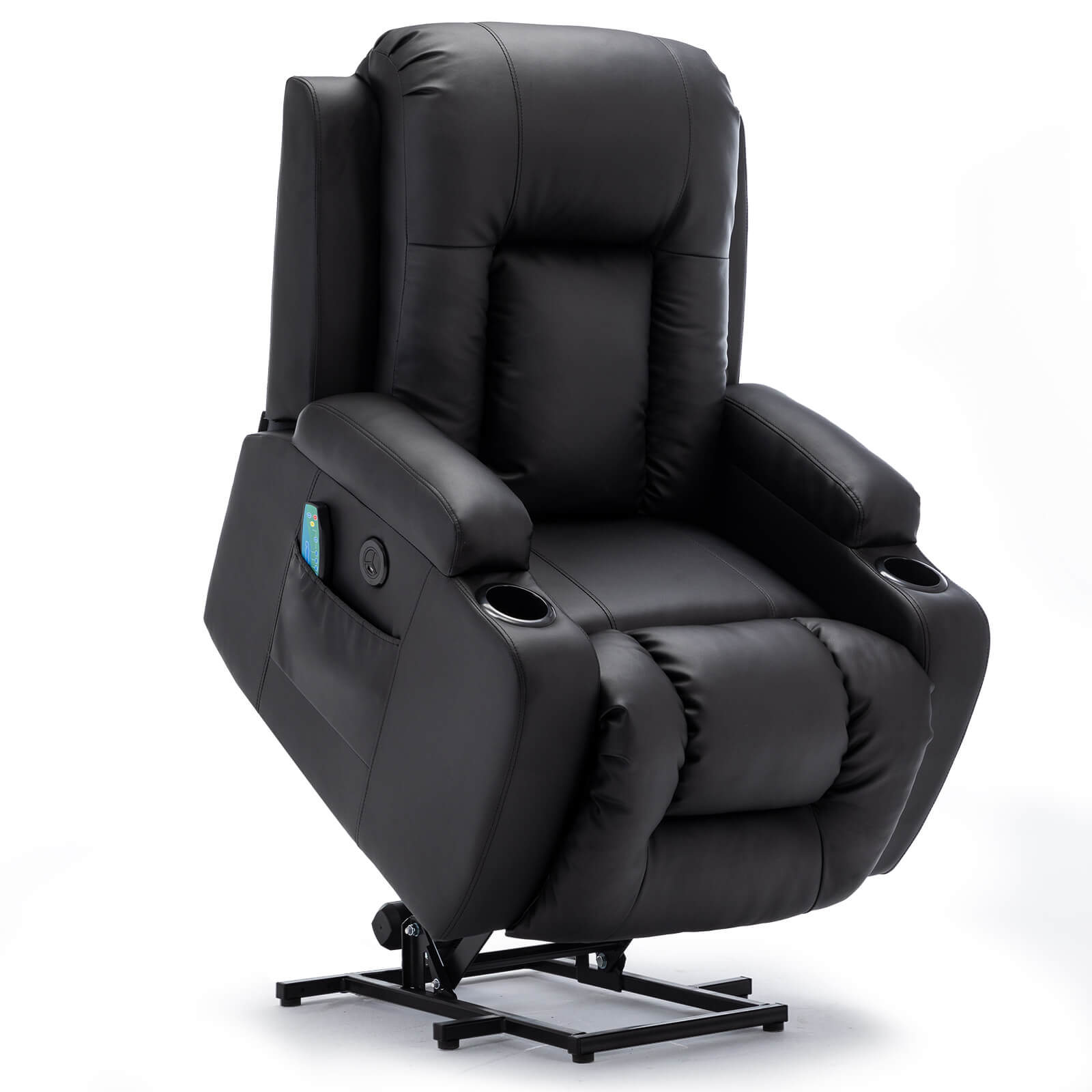 Power Lift Recliner Chair with Massage & Heat for Elderly, PU Leather Electric Recliner with 2 Side Pockets, Cup Holders & USB Port (Black)