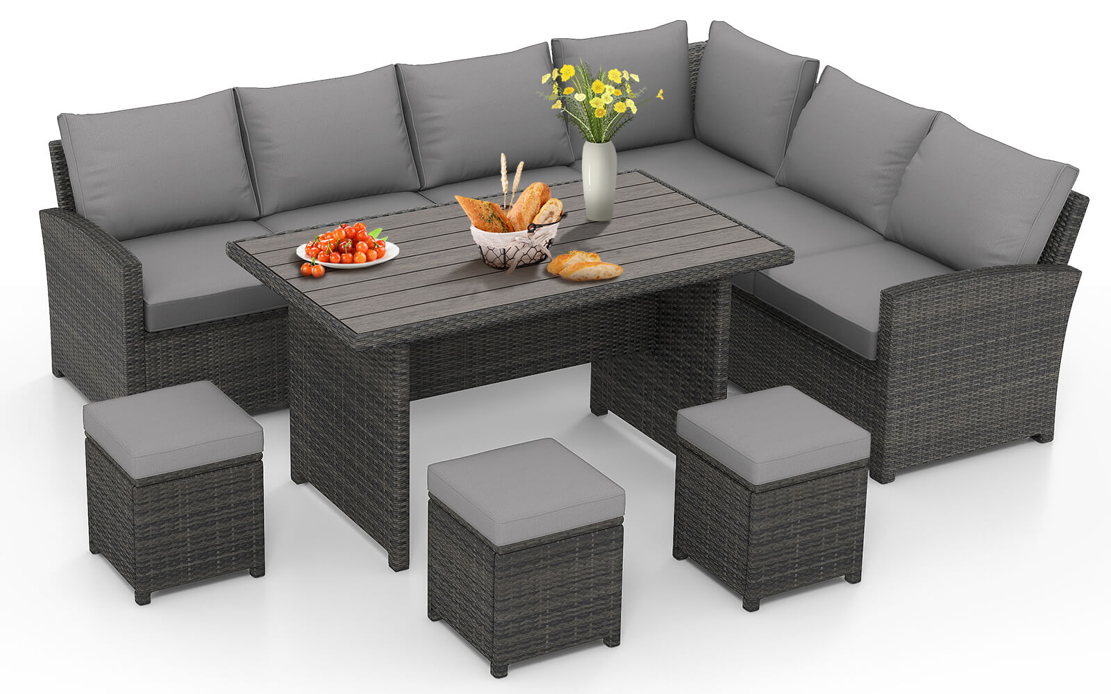 7 Pieces Patio Furniture Set, Outdoor Sectional Dining Set with Table & 3 Ottomans(Grey) | Homrest