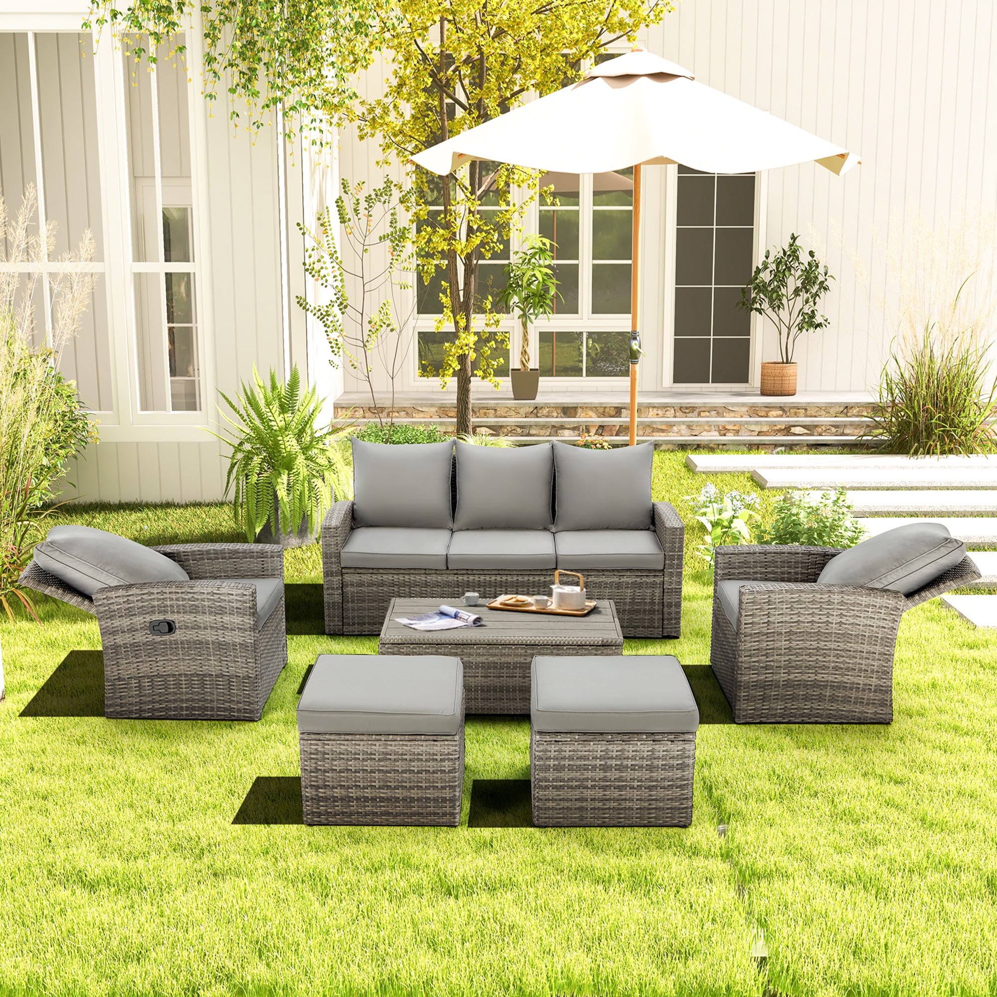 Homrest 6 pcs patio furniture set with recliners and storage table for porch, garden and poolside, gray