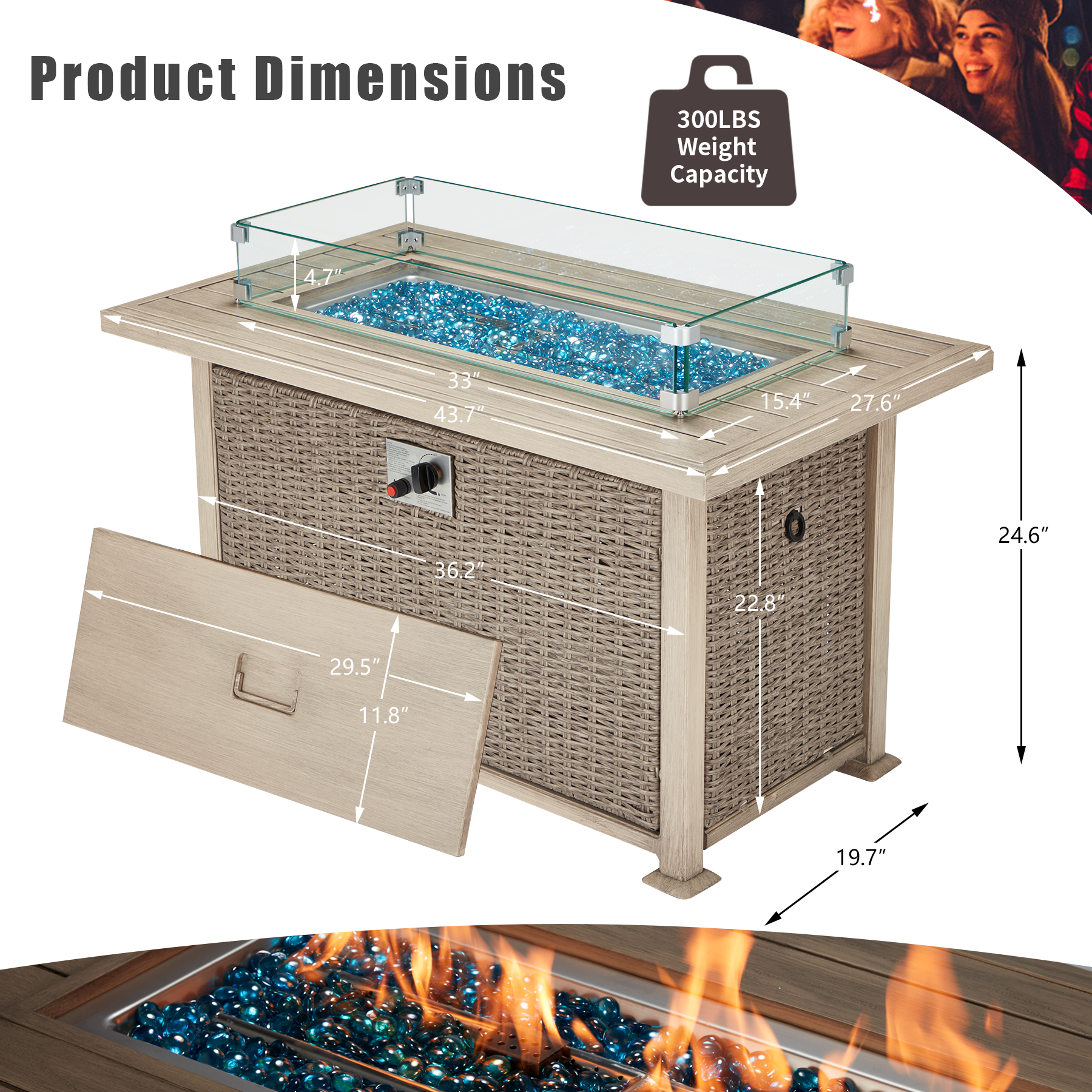  Product dimensions of propane fire pit table with aluminum table top and glass wind guard, gray. | Homrest furniture