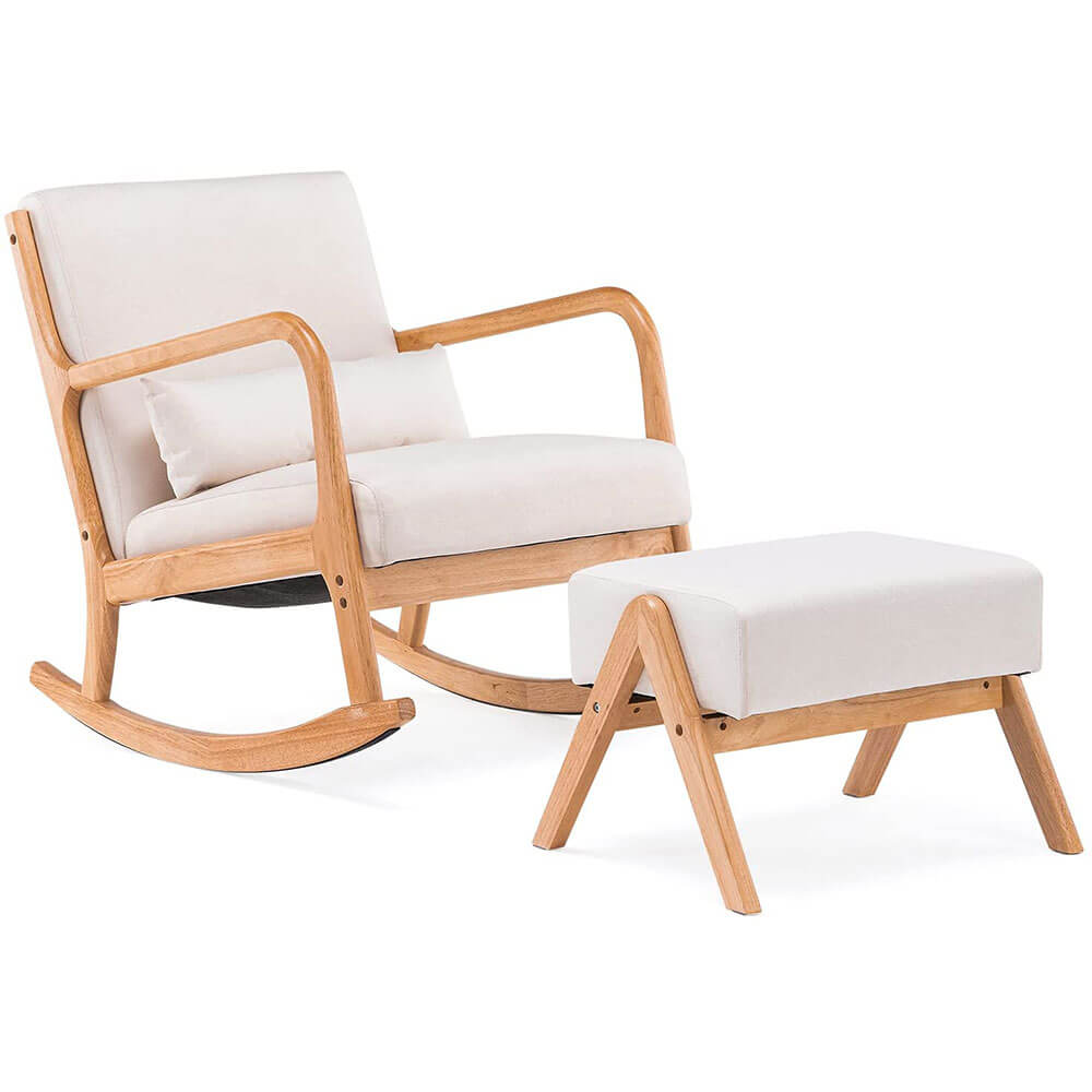 Homrest Fabric Rocking Chair, Mid-Century Glider Rocker with Padded Seat, with Ottoman, Seat Wood Base, Linen Accent Chair for Living Room