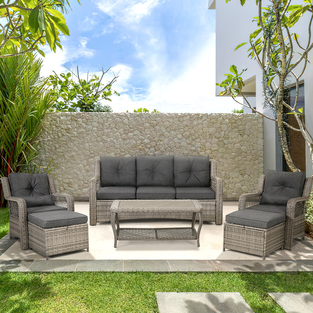 HOMREST Patio Furniture Set 6 Pieces Rattan Outdoor Patio Conversation Sets Sectional with Ottoman Cushions (Three Seats Grey)