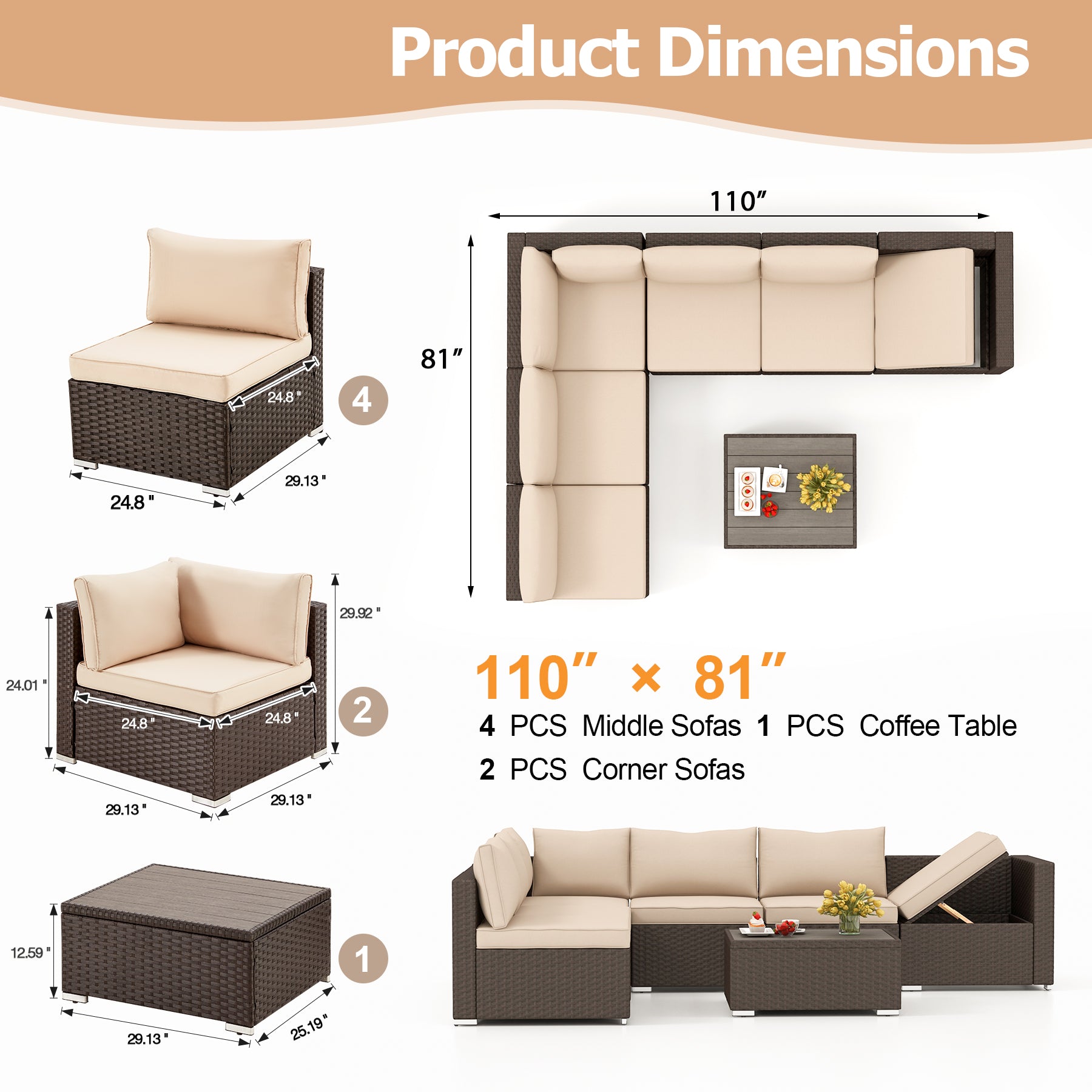 Product dimensions of Homrest patio sofa set