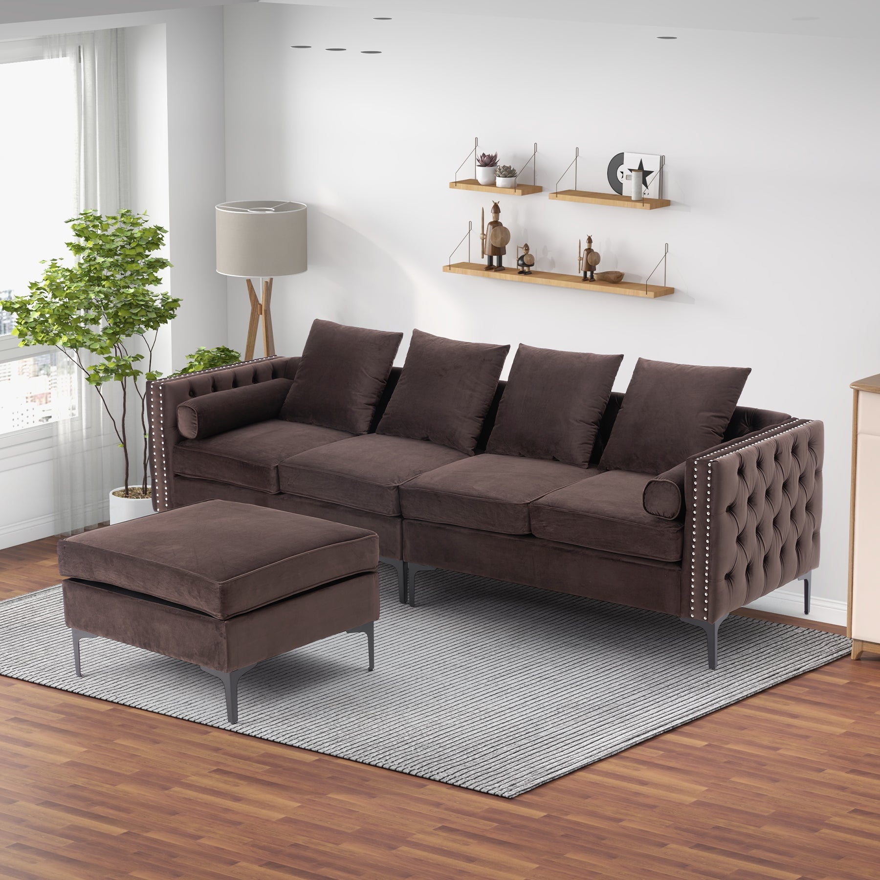 4-Seat Sectional Sleeper Sofa Set with Storage Ottoman for Living Room, Brown | Homrest Furniture