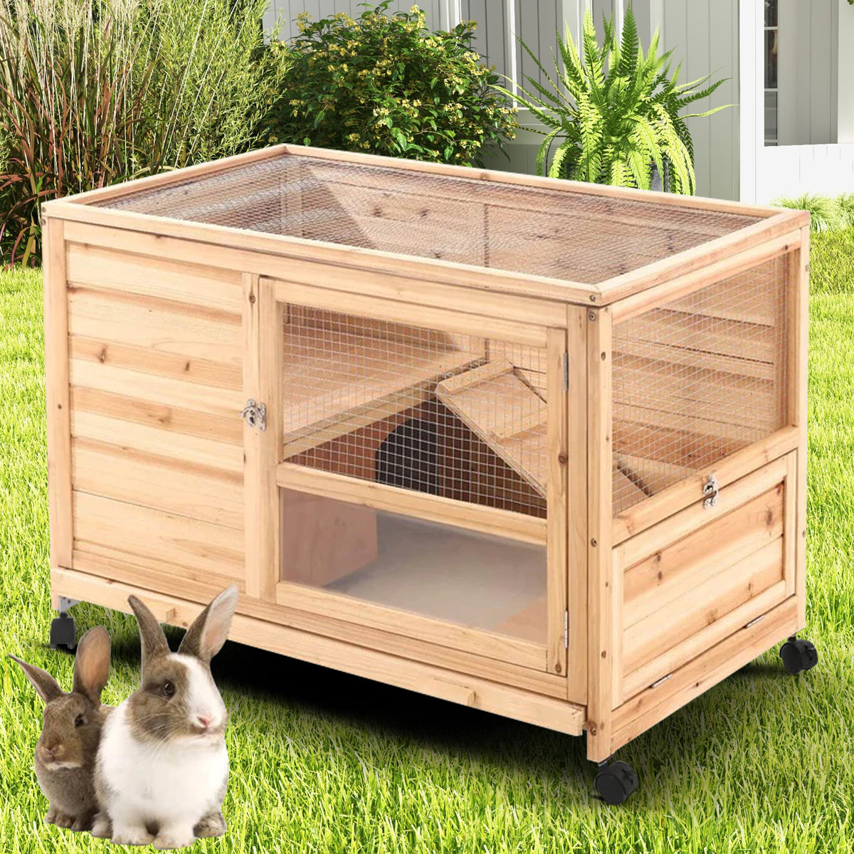 Homrest 36" Indoor and Outdoor Wooden Rabbit Hutch, Cage, w/Removable Tray, Safety Lock, Galvanized Mesh Wires, Access Ramps