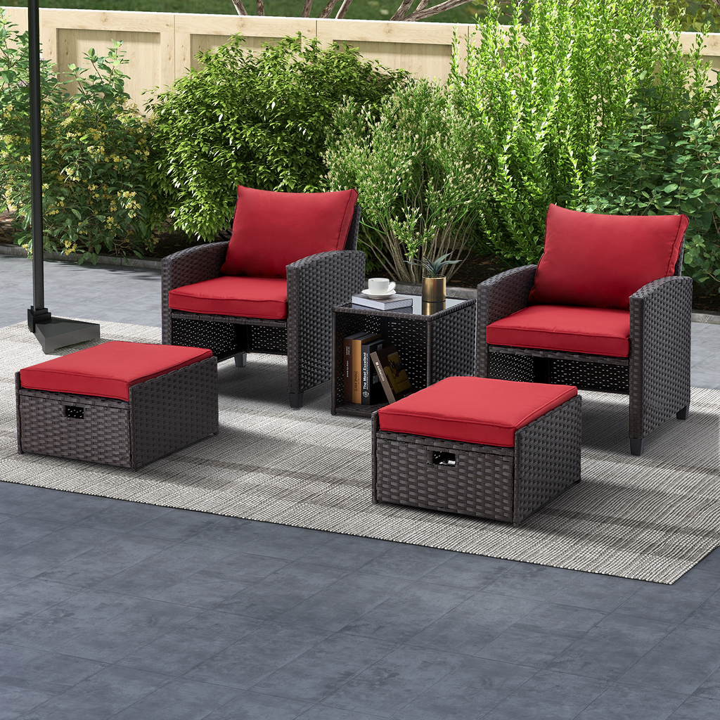 Homrest 5-Piece Patio Furniture Set, Wicker Rattan Outdoor Chairs with Ottomans & Coffee Glass Table (Wine Red)