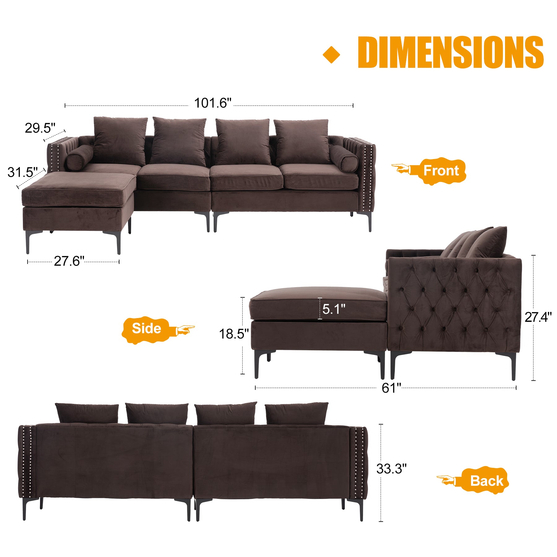 4-Seat Sectional Sleeper Sofa Set with Storage Ottoman for Living Room, Brown | Homrest Furniture