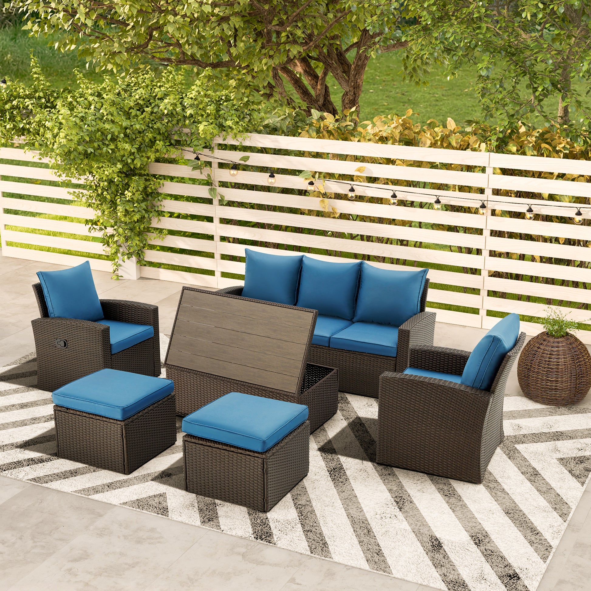 Homrest 6 pcs patio furniture set with storage table for porch, garden and poolside, blue
