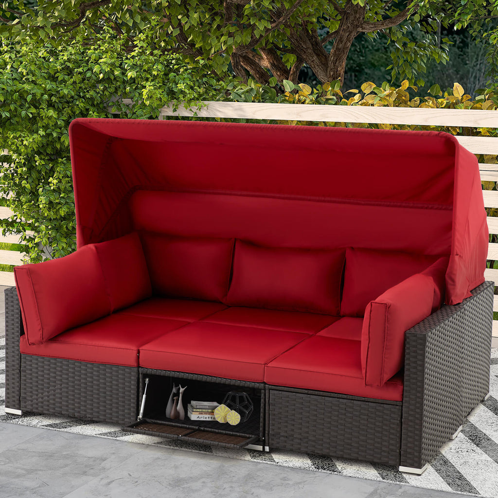 HOMREST 6 Pcs Outdoor Sectional Sofa Daybed w/ Retractable Canopy & Adjustable Backrest & Red Cushion & Coffee Table