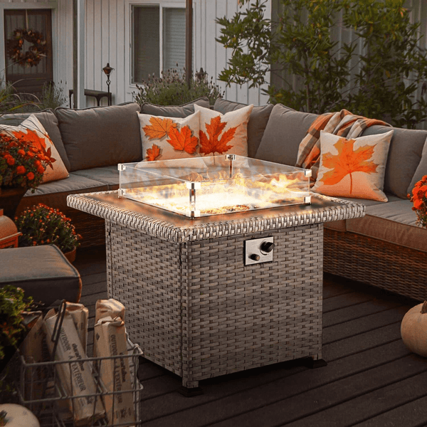 Homrest 32'' Propane Fire Pit Table, 50000 BTU Square Gas Fire Pit w/ Glass Beads & Waterproof cover