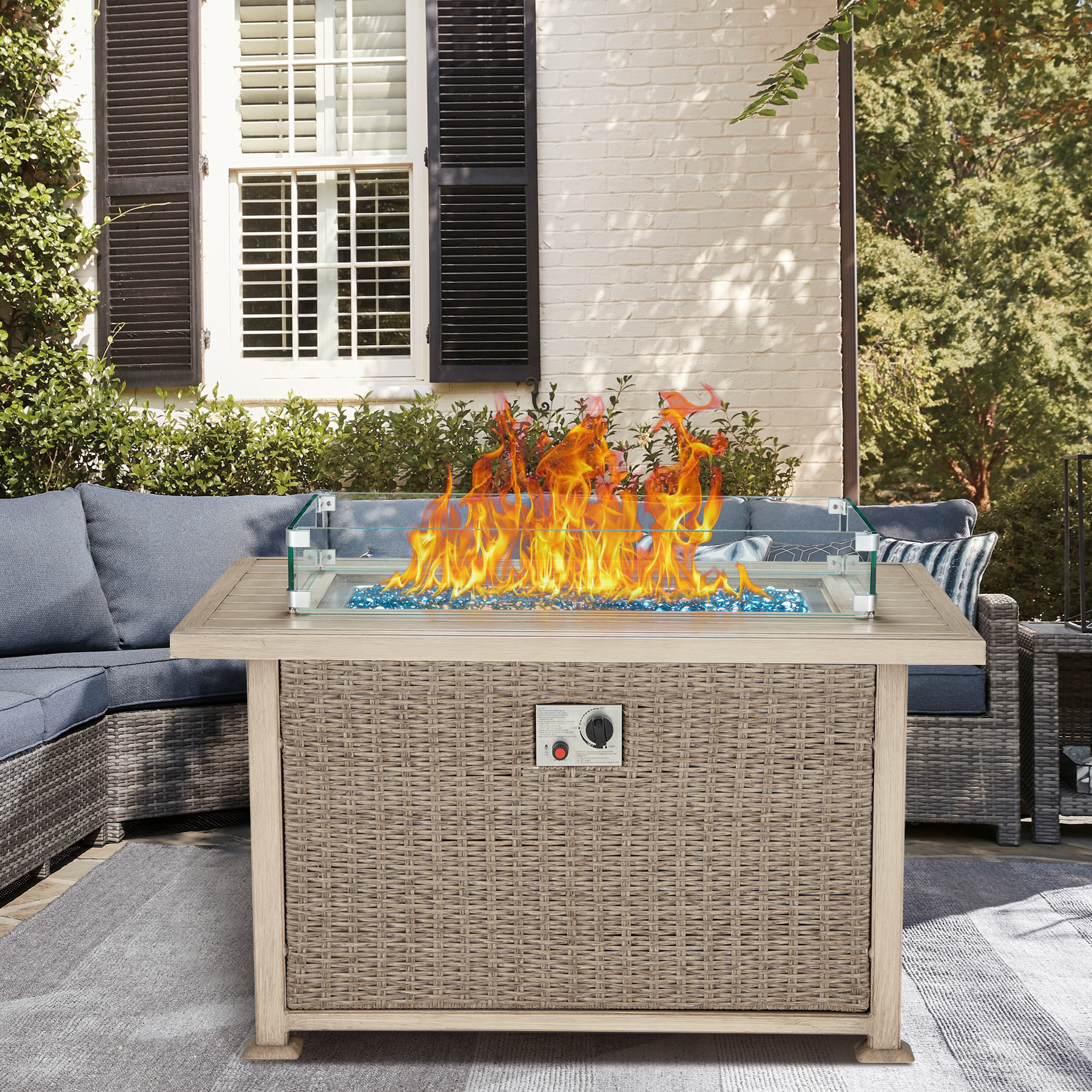 44 in Propane Fire Pit with Aluminum Table Top and Glass Wind Guard, Gray